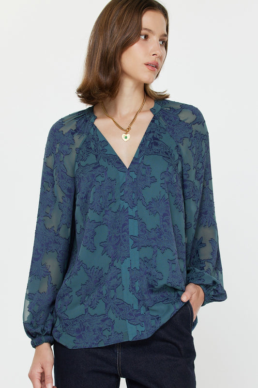 CA Vneck Jaquard Blouse in Blue Print