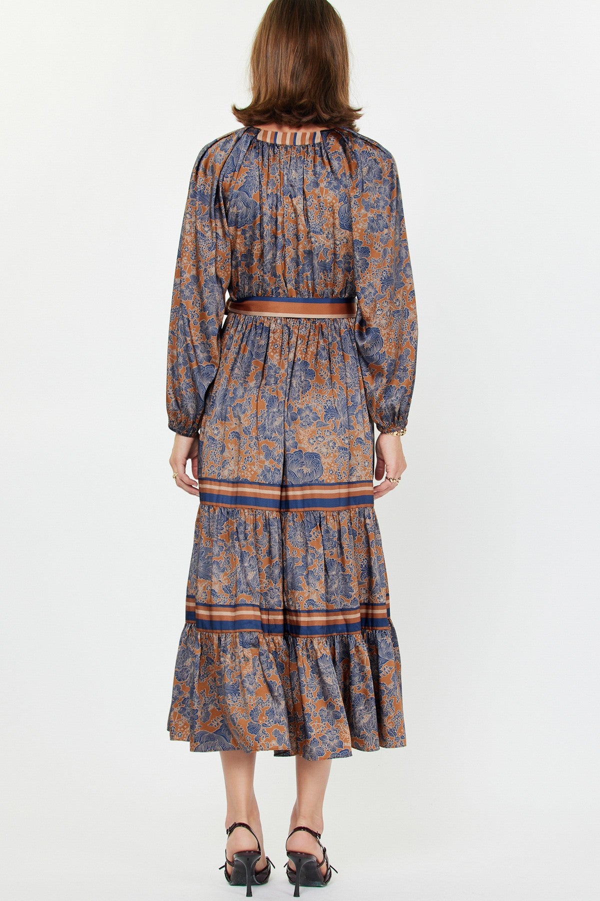 CA Split Neck Tiered Maxi Dress in Brown Print