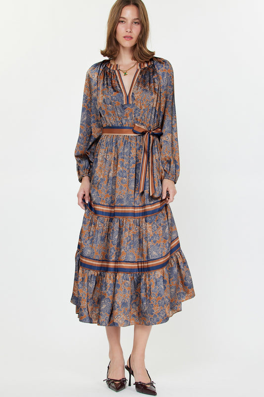 CA Split Neck Tiered Maxi Dress in Brown Print