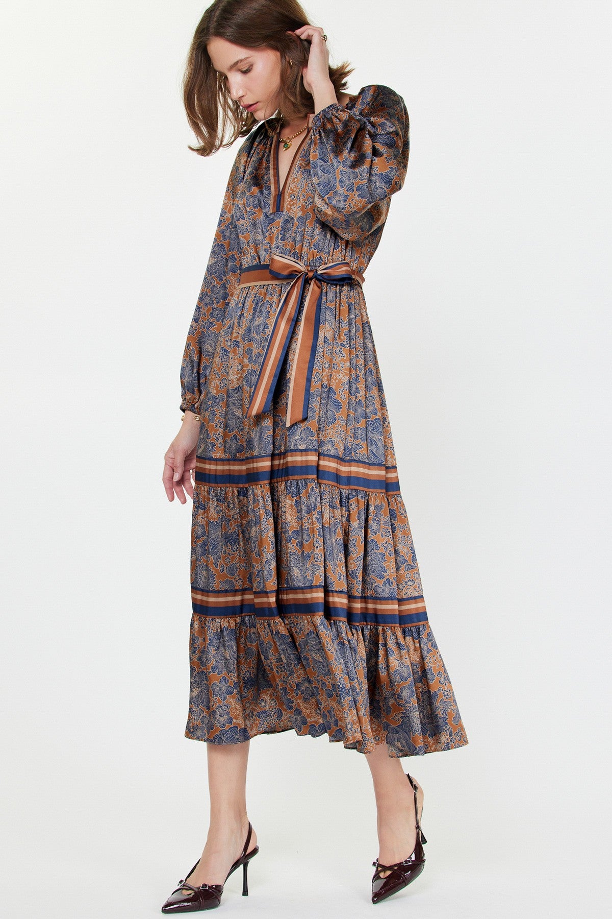 CA Split Neck Tiered Maxi Dress in Brown Print