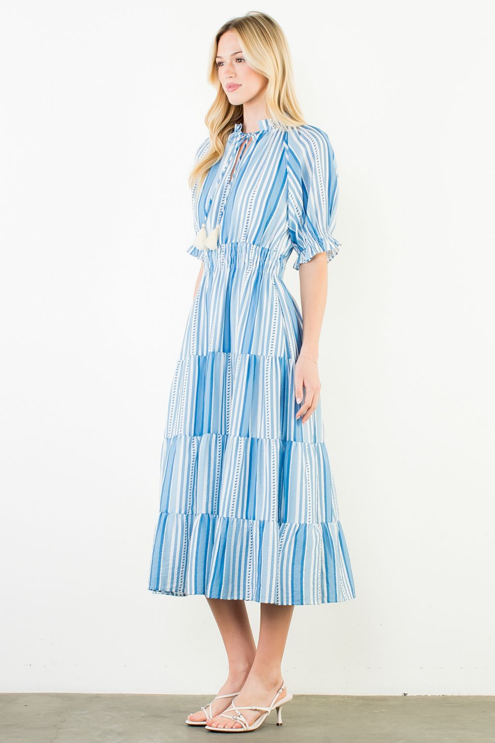 blue tie neck dress Teri Jon Cotton Print Tie Neck Dress Size 10