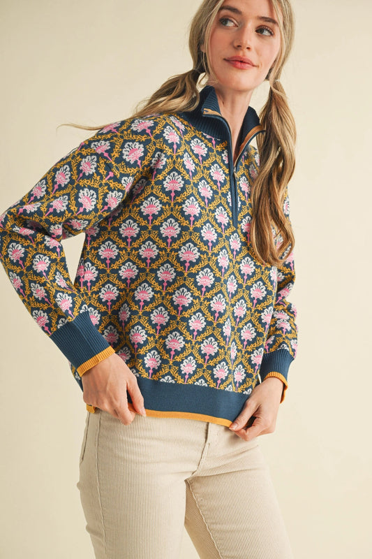 Floral Half-Zip Sweater