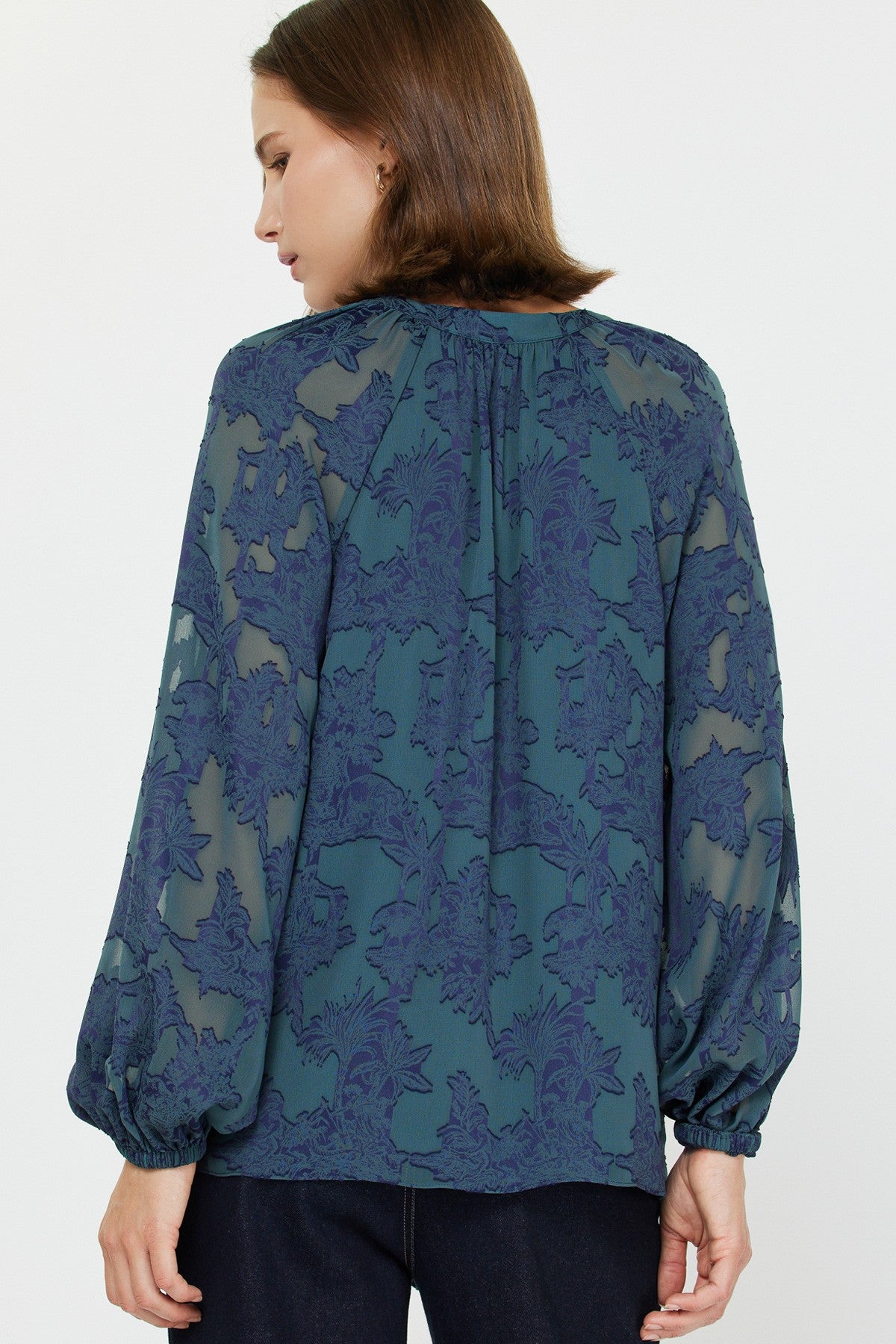 CA Vneck Jaquard Blouse in Blue Print