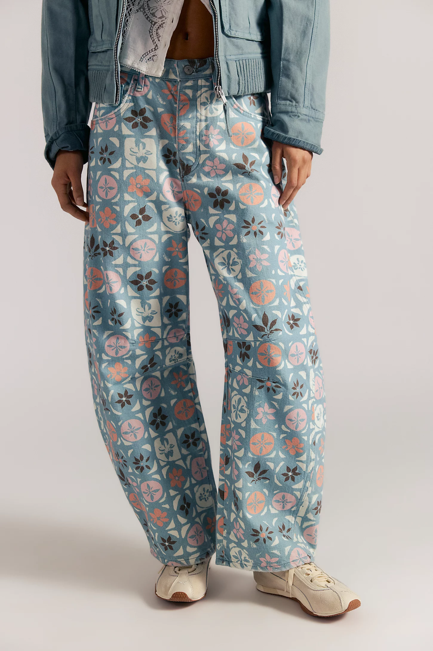 Free People Good Luck Printed Barrel Jean