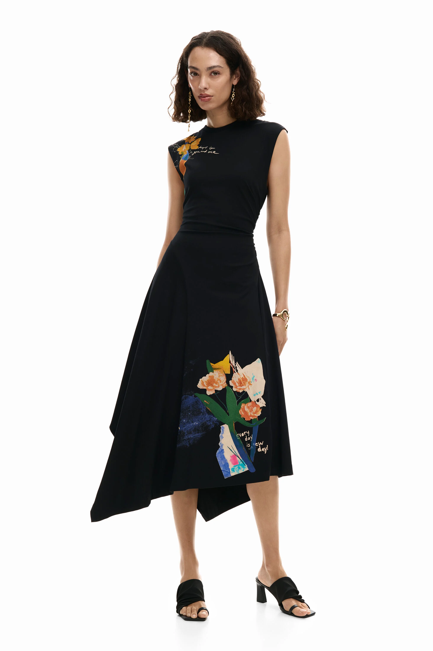 Desigual Midi Black Dress with Floral Flourish