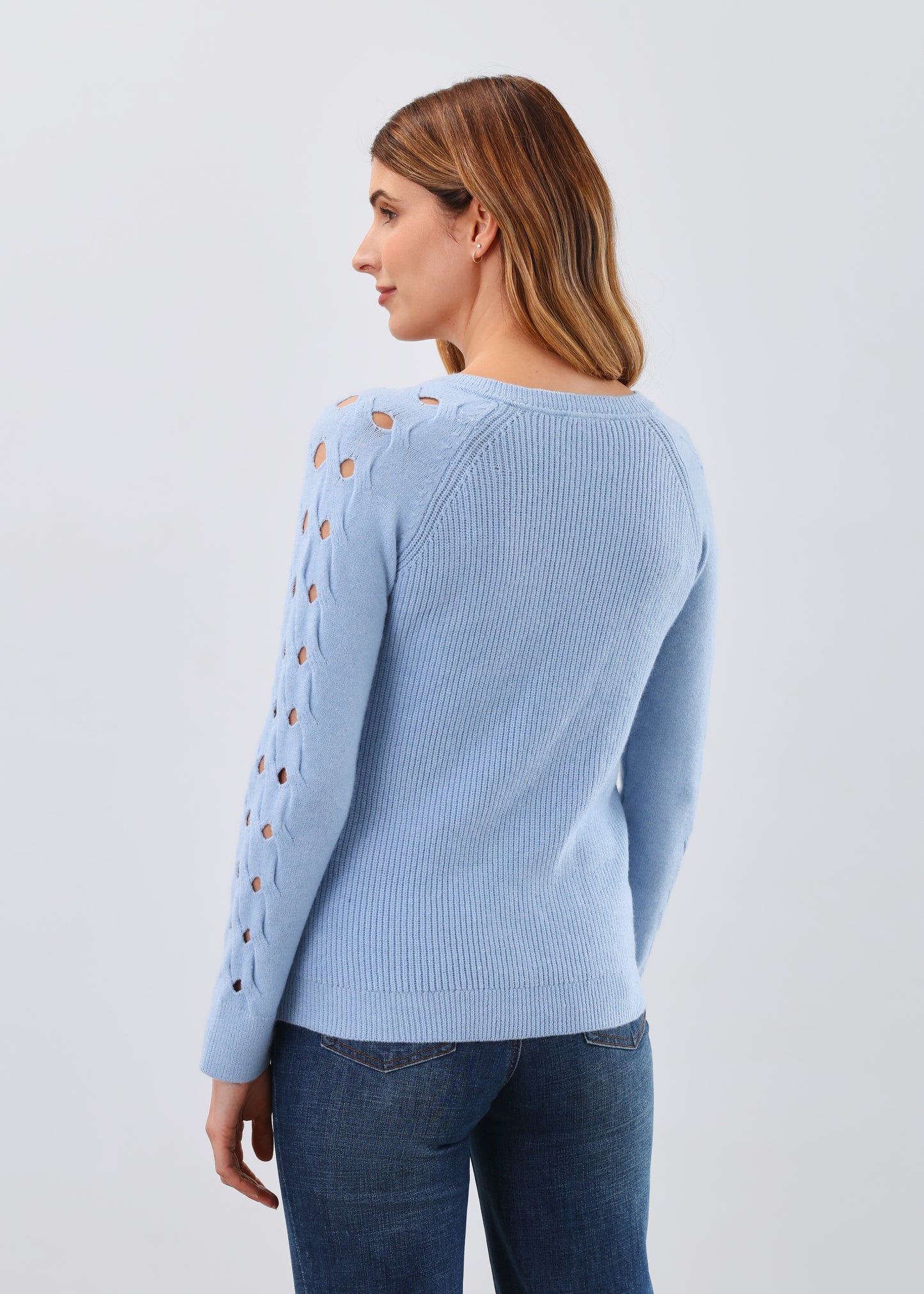 FDJ Long Sleeve Vneck Sweater with Open Knit Sleeve