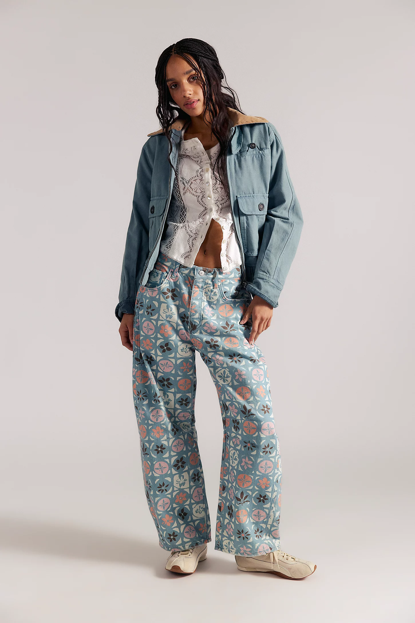Free People Good Luck Printed Barrel Jean