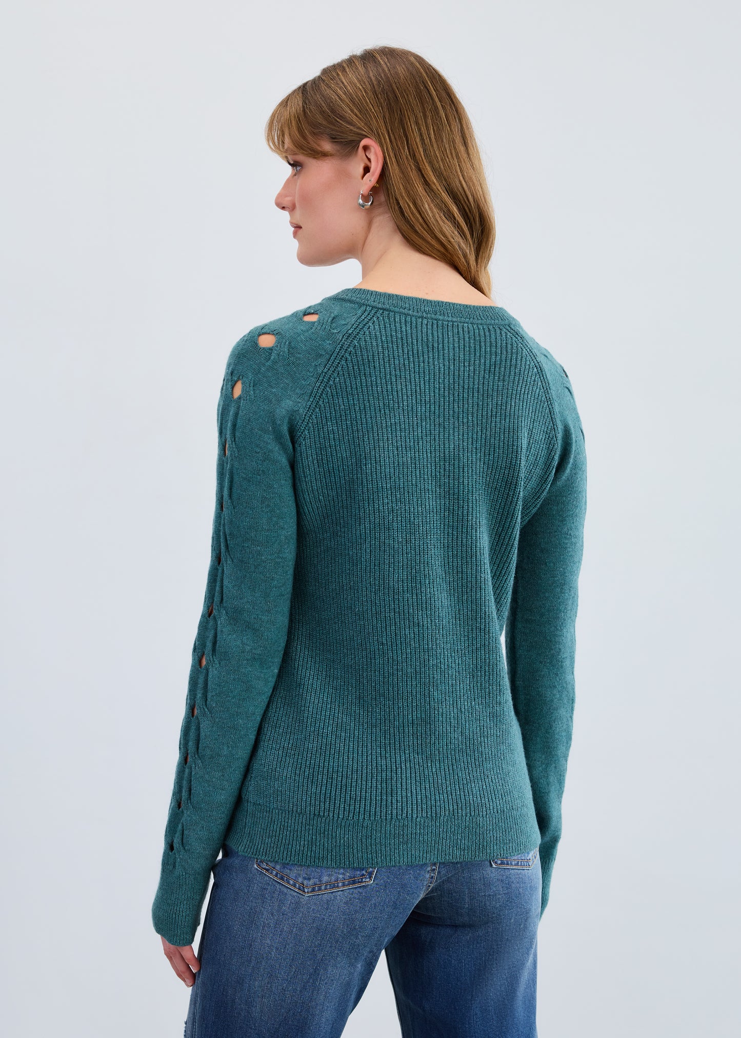 FDJ Long Sleeve Vneck Sweater with Open Knit Sleeve