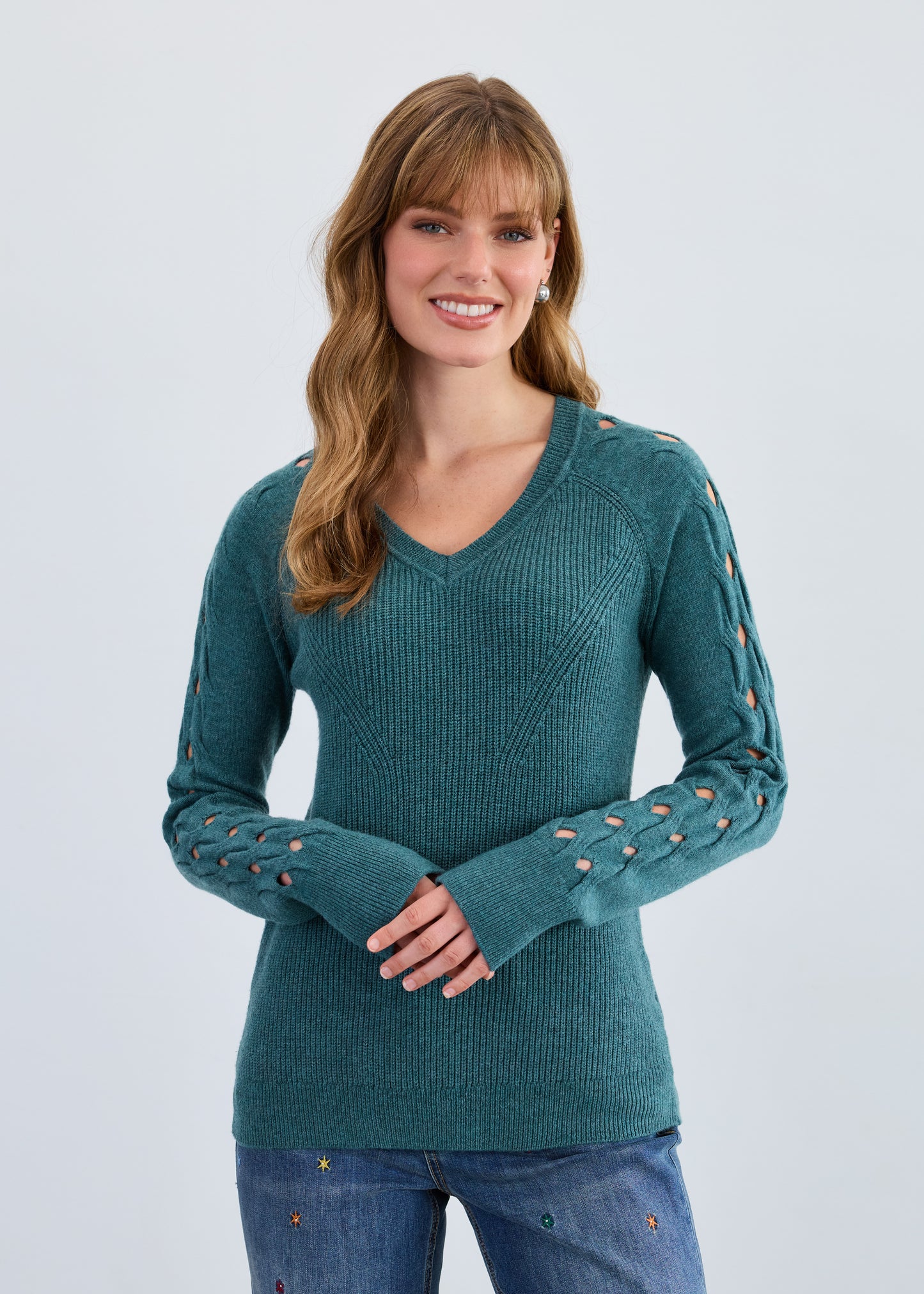 FDJ Long Sleeve Vneck Sweater with Open Knit Sleeve