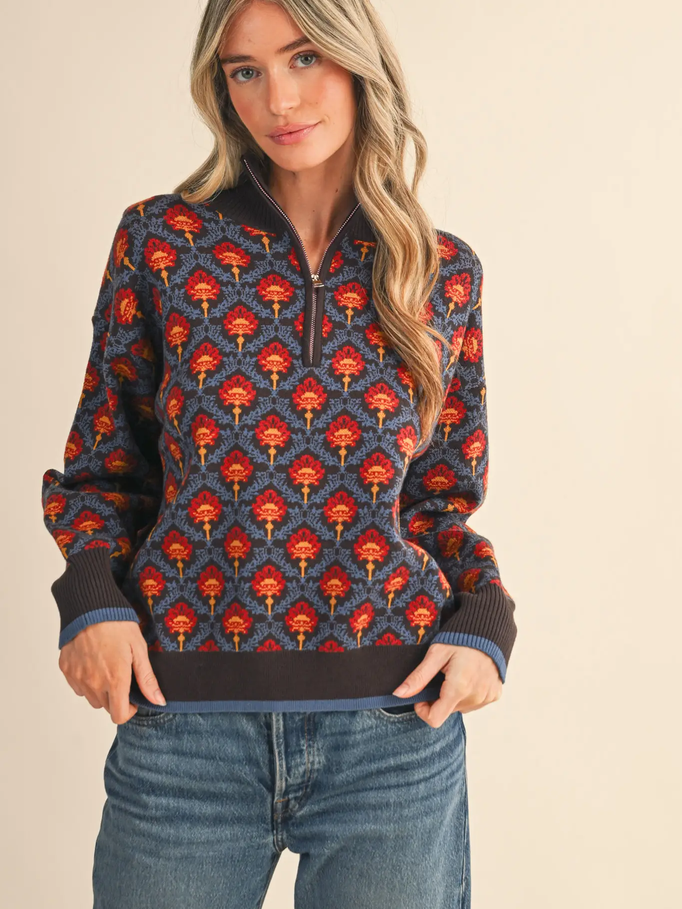 Floral Half-Zip Sweater