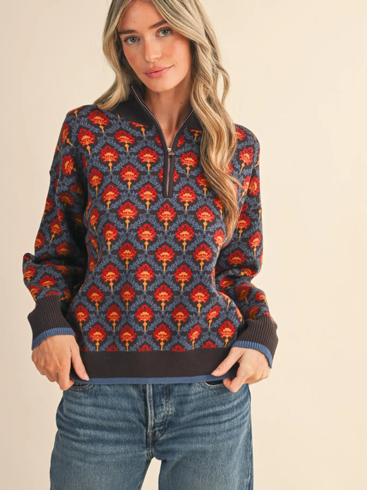 Floral Half-Zip Sweater