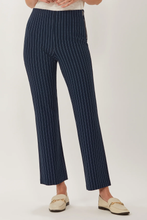 Load image into Gallery viewer, Ecru Prince Cropped Flare Pant in Navy Pinstripe
