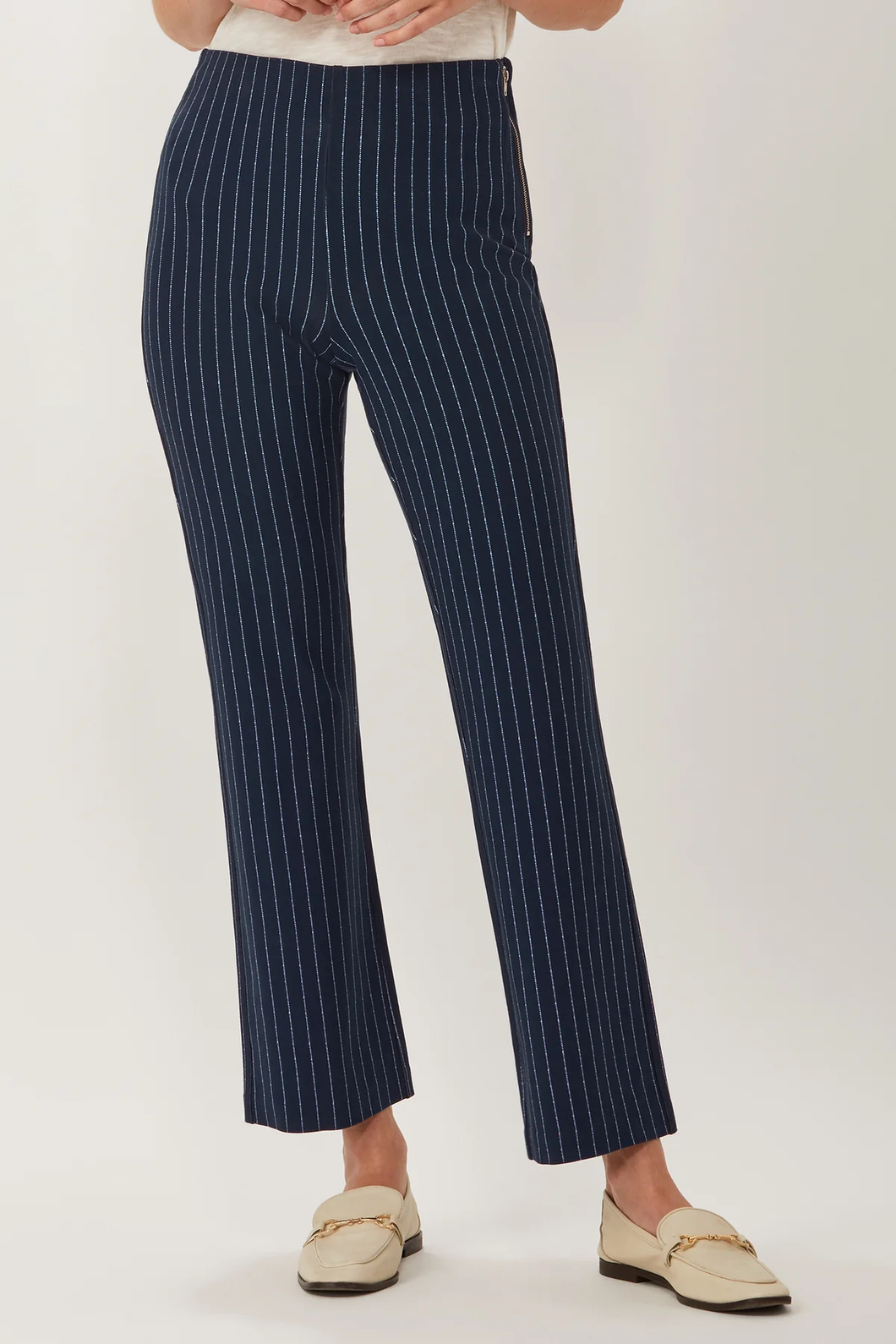 Ecru Prince Cropped Flare Pant in Navy Pinstripe