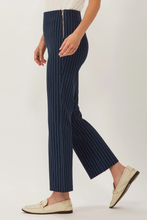 Load image into Gallery viewer, Ecru Prince Cropped Flare Pant in Navy Pinstripe
