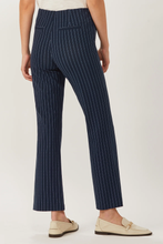 Load image into Gallery viewer, Ecru Prince Cropped Flare Pant in Navy Pinstripe
